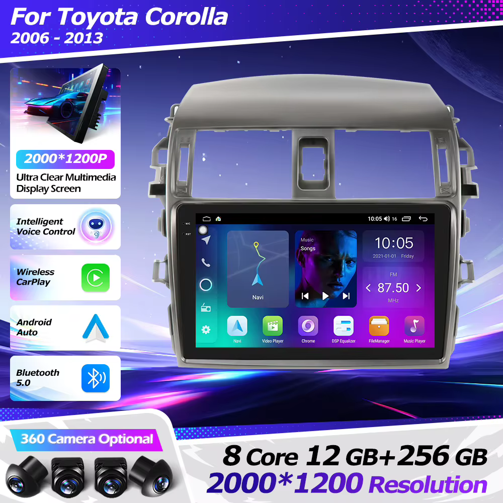 Navigation GPS Android 16 pour Toyota Corolla E140 E150 2006-2013, autoradio, lecteur multimédia sans fil Carplay, Bluetooth