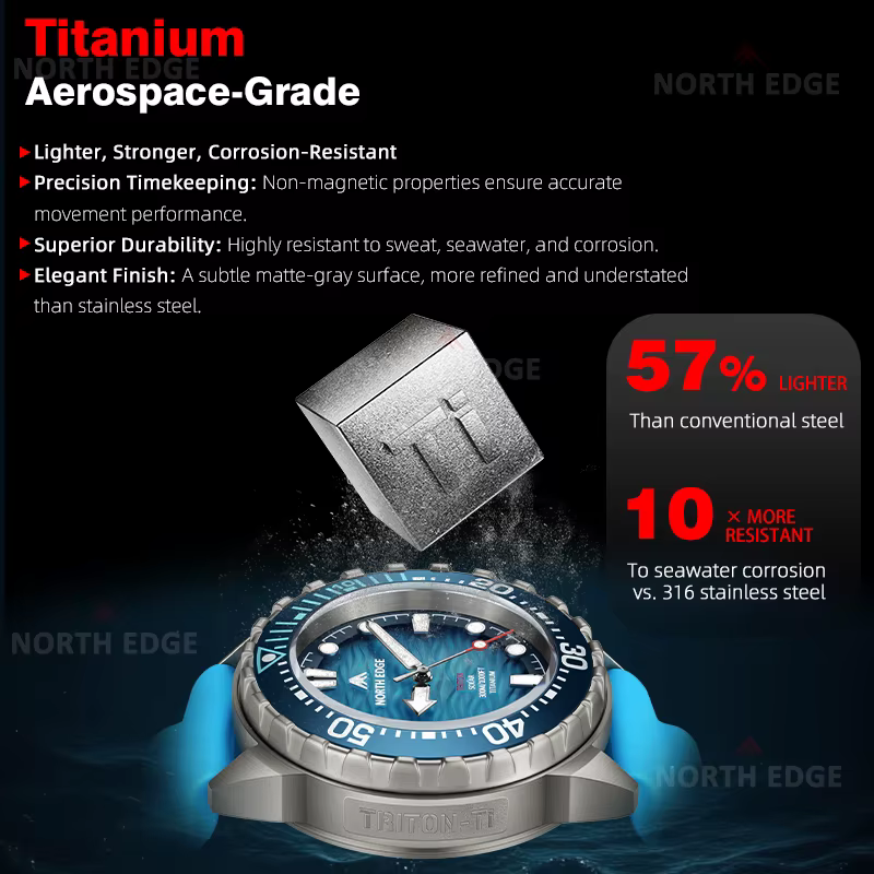 Montre de plongée solaire NORTH EDGE TRITON-TI en titane et acier inoxydable