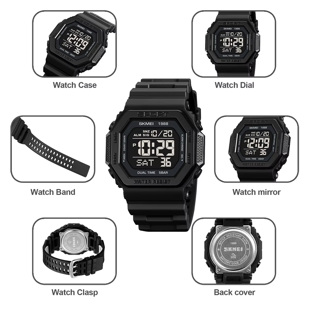 SKMEI mode sport montre numérique pour hommes femmes 5Bar étanche compte à rebours Chrono militaire montre-Bracelet et Bracelet Reloj Hombre