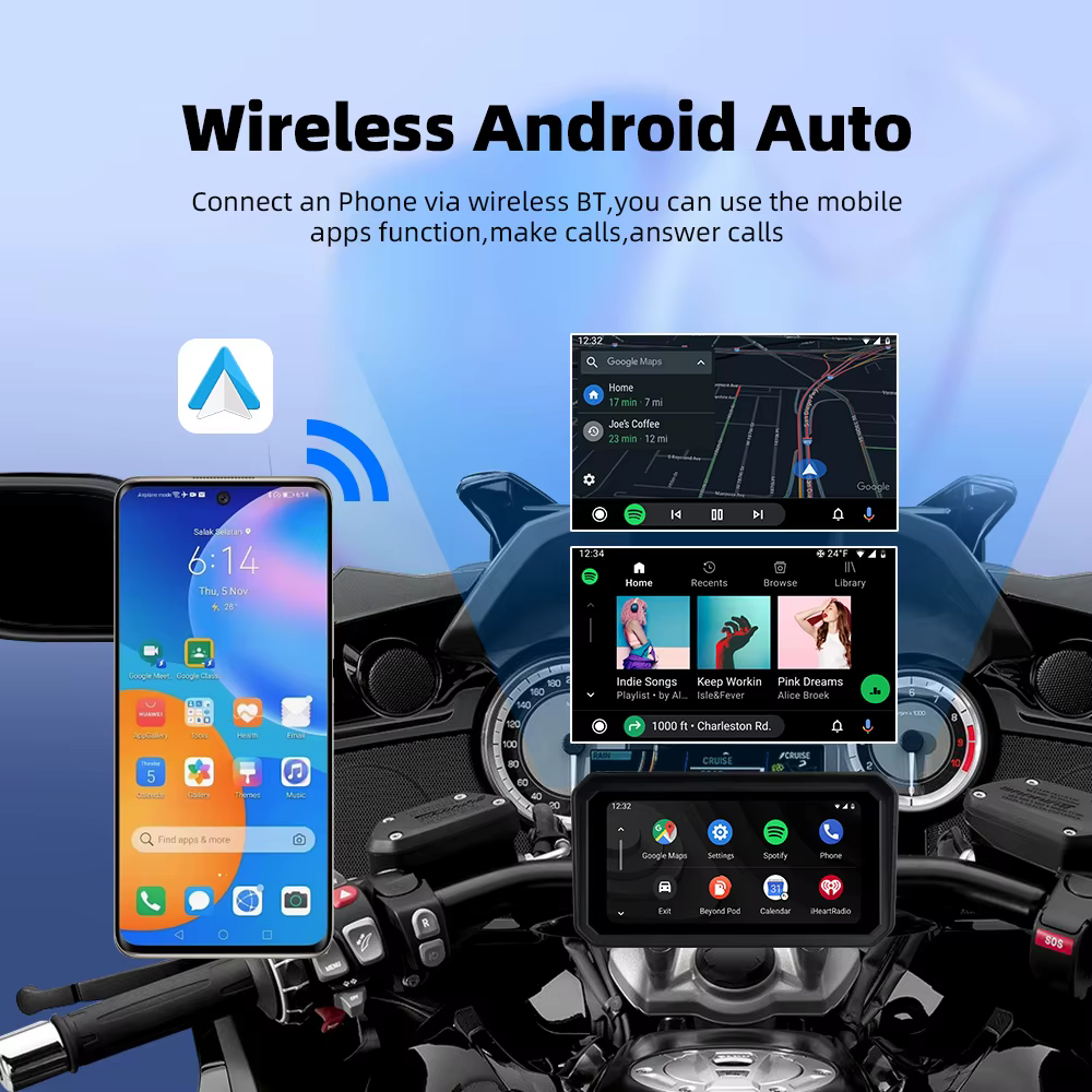 EKIY Android 14.0 4+64GB 6 pouces Navigation GPS pour moto avec Carplay, Nouveau Carplay sans fil Apple, Android Auto, Écran tactile, GPS pour moto