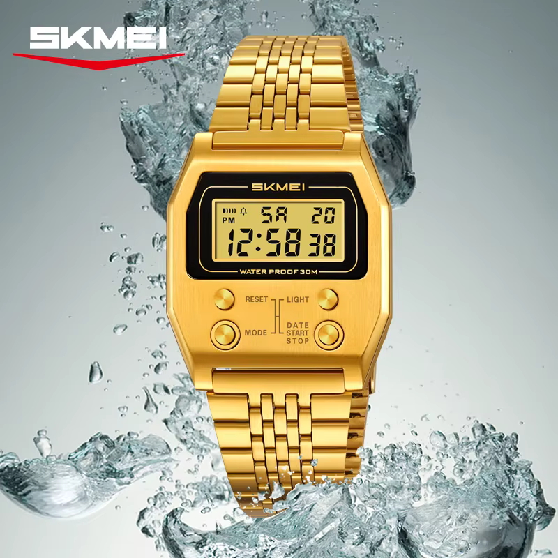 SKMEI 2460 hommes montres en acier inoxydable Sport luxe rétro LED électronique étanche montre numérique