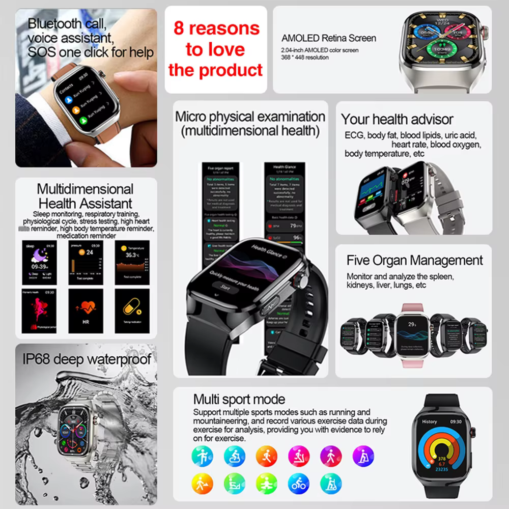 2026 nouvelle montre intelligente 2.04 pouces AMOLED écran Bluetooth appel IP68 étanche 650mA sport montres intelligentes hommes Android qualité militaire