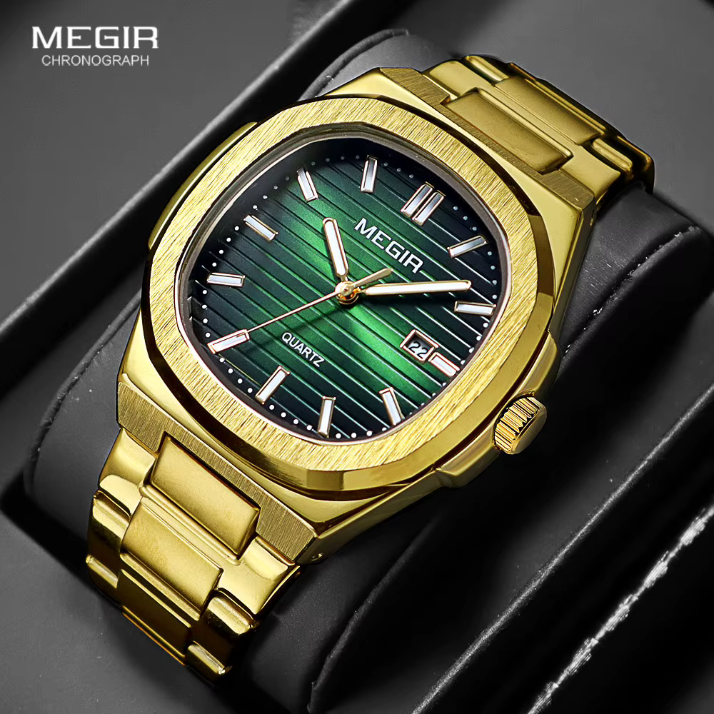 MEGIR montre habillée classique pour hommes avec bracelet en acier inoxydable doré cadran vert ovale montre-bracelet à quartz étanche avec aiguille lumineuse