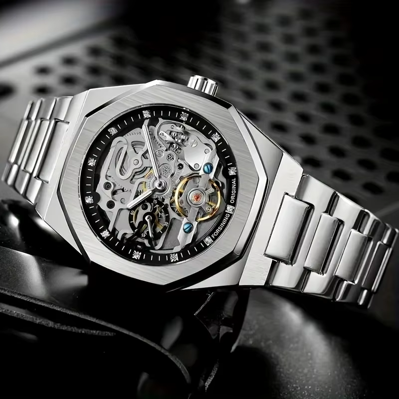 Montre mécanique automatique de luxe pour homme, design hexagonal unique et élégant, bracelet en acier inoxydable, cadeau idéal pour lui, montre de luxe pour homme |   Bracelet à la mode |   Cadran tr
