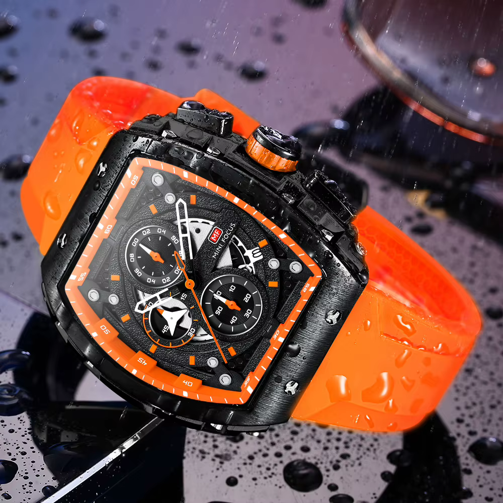 MINI FOCUS chronographe montre à Quartz pour hommes cadran Tonneau montre-bracelet de Sport militaire mâle avec bracelet en Silicone Orange Date automatique