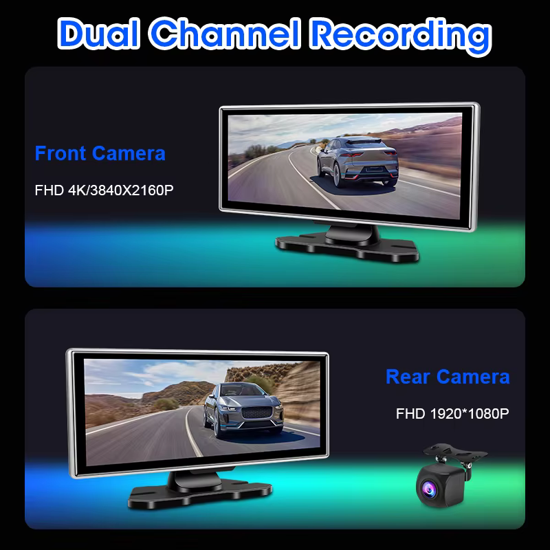 10/11.26 pouces Dash Cam 4K voiture DVR sans fil Carplay et Android Auto GPS Navigation enregistreur vidéo tableau de bord double objectif Wifi FM AUX