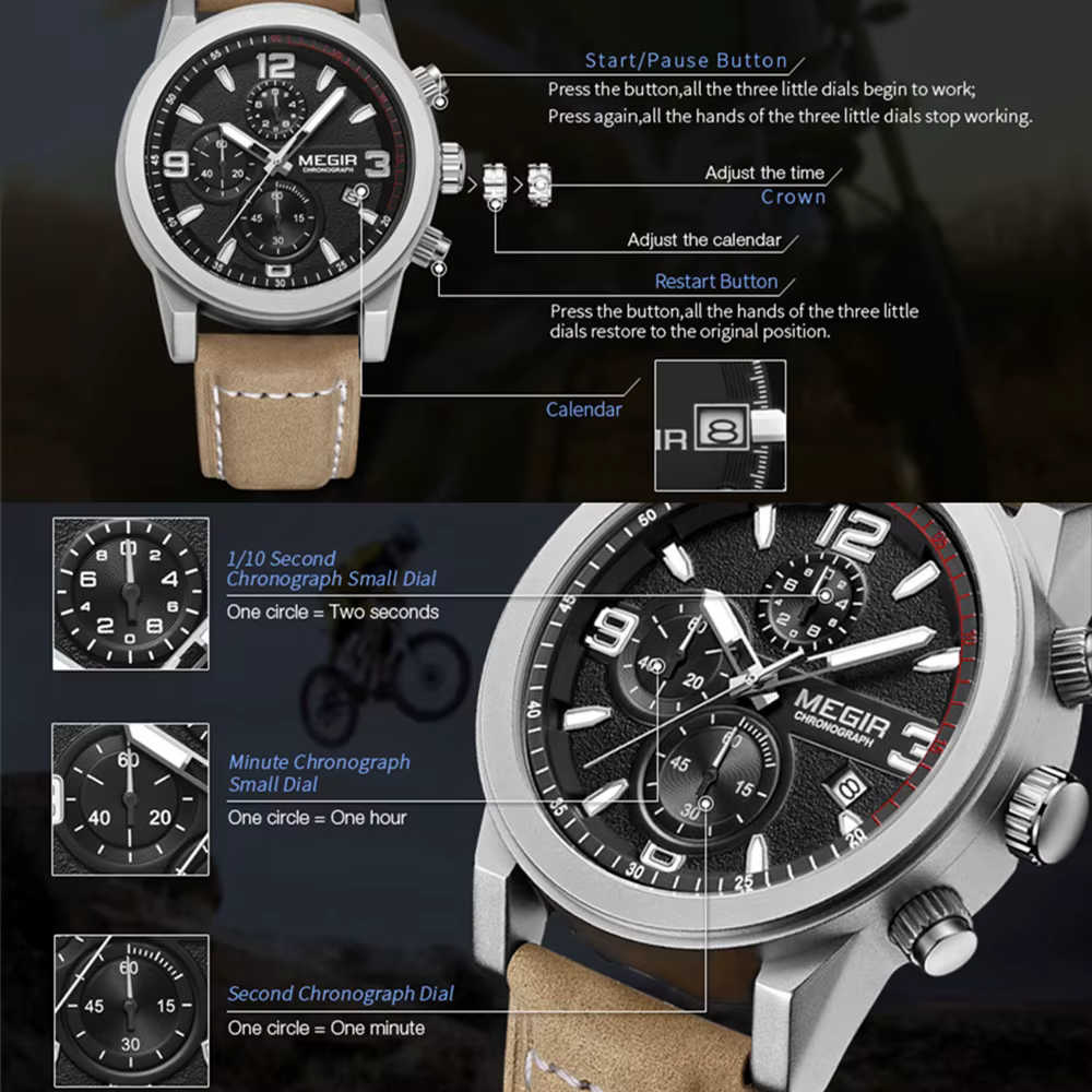 MEGIR bracelet en cuir montres de sport pour hommes mode montre-bracelet à Quartz étanche lumineux homme décontracté chronographe horloge Date 2026