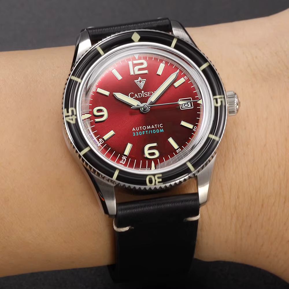 CADISEN 2026 montre hommes montres mécaniques mis5 8215 mouvement bracelet en cuir véritable étanche lumineux rouge
