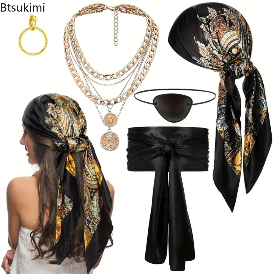 Accessoires de costume de pirate médiéval et de la Renaissance pour femmes et hommes, ensemble vintage de foulard, ceinture, collier et bracelet, tenue de fête d'Halloween
