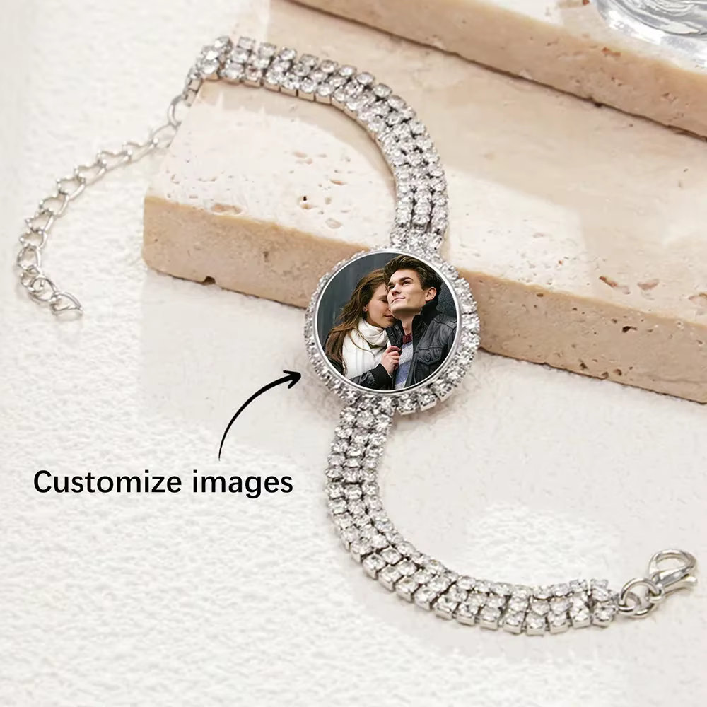 Bracelet personnalisé avec photo et strass pour femme, bijou personnalisé avec image de famille ou de couple, souvenir cadeau pour anniversaire