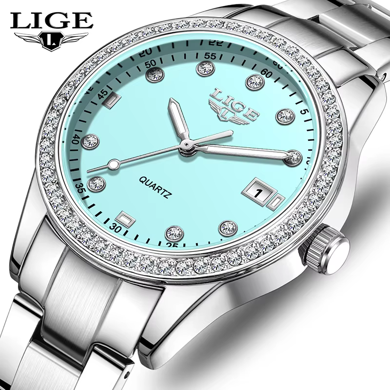 LIGE 2025 montre pour femme de luxe lumineux en acier inoxydable horloge étanche