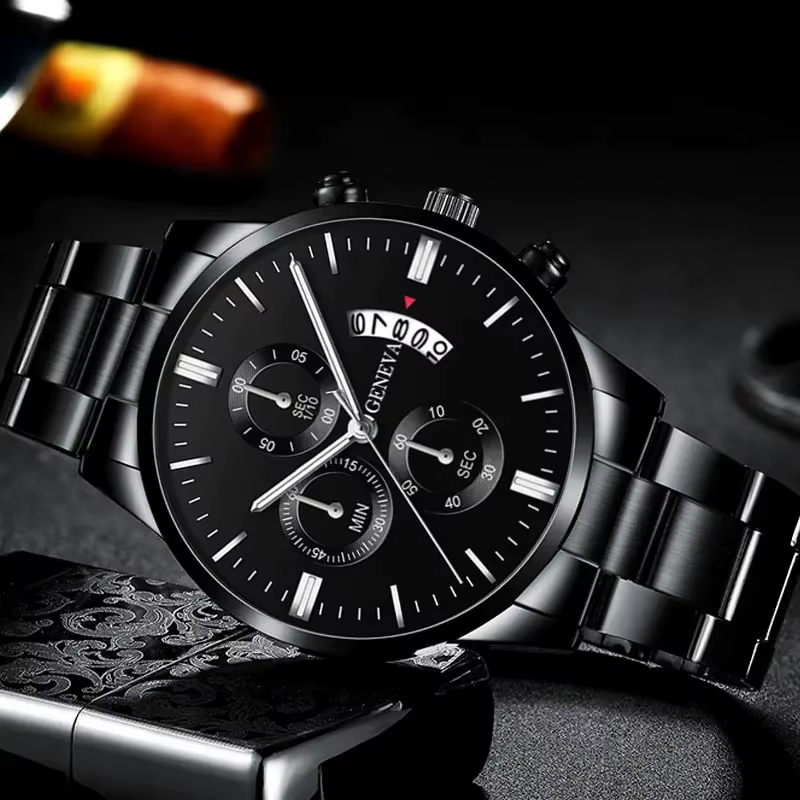Mode hommes montres de luxe noir en acier inoxydable Quartz montre-bracelet homme montre d'affaires