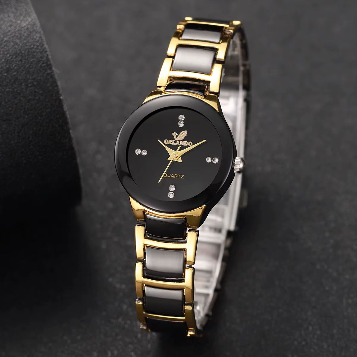 Montre à quartz avec bracelet en acier noir pour femme