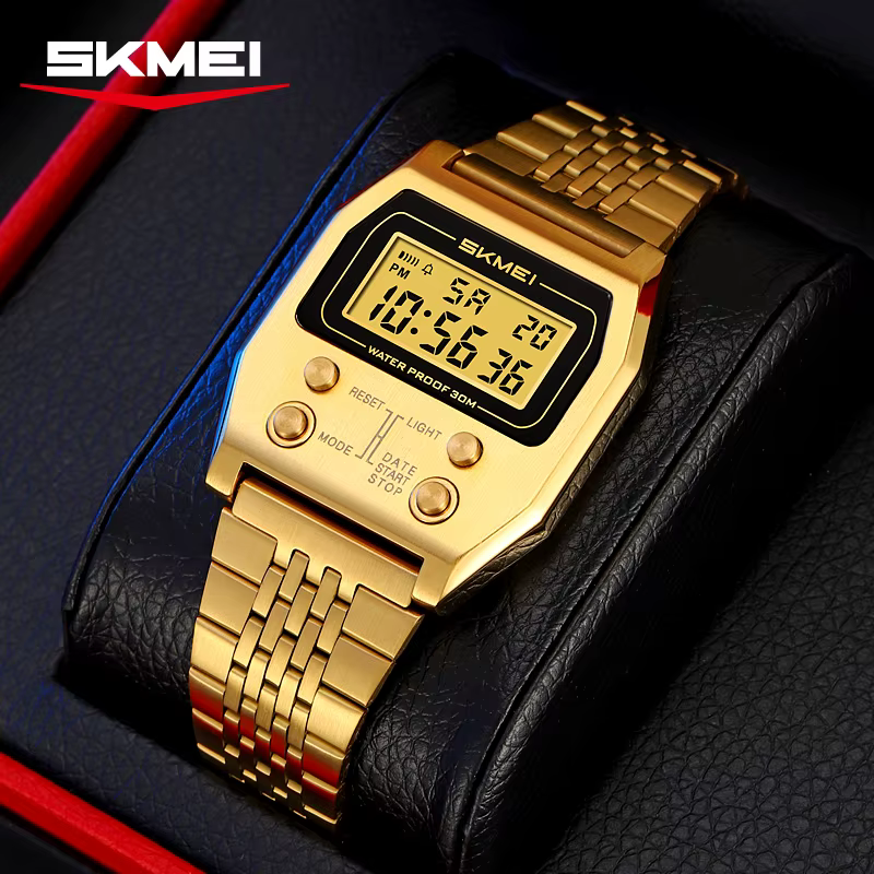 SKMEI 2460 hommes montres en acier inoxydable Sport luxe rétro LED électronique étanche montre numérique
