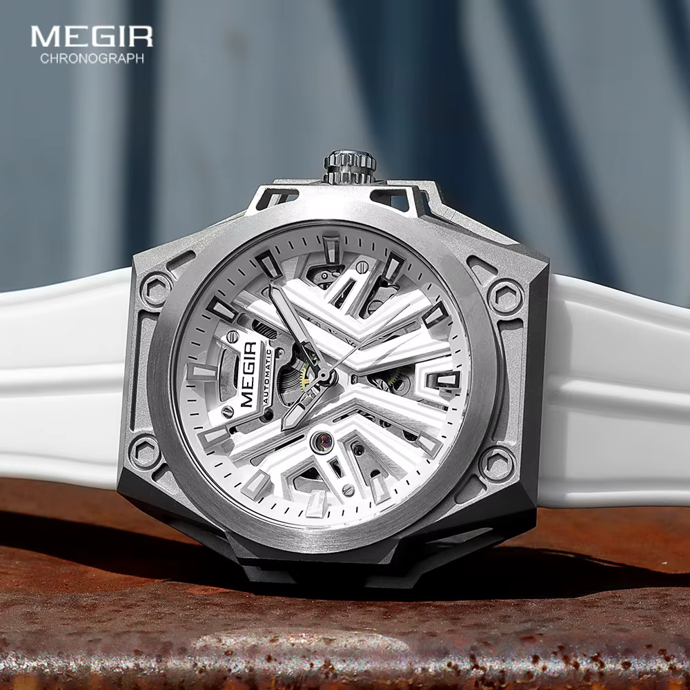 MEGIR montre automatique de mode pour hommes Sport militaire montre-bracelet mécanique étanche avec cadran squelette bracelet en Silicone 8603