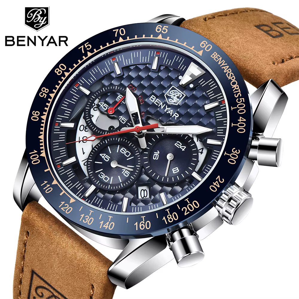 Benyar Design-Montre à quartz en cuir pour homme, chronographe Shoous, marque de sport, mode vintage, étanche à 30m, 45mm