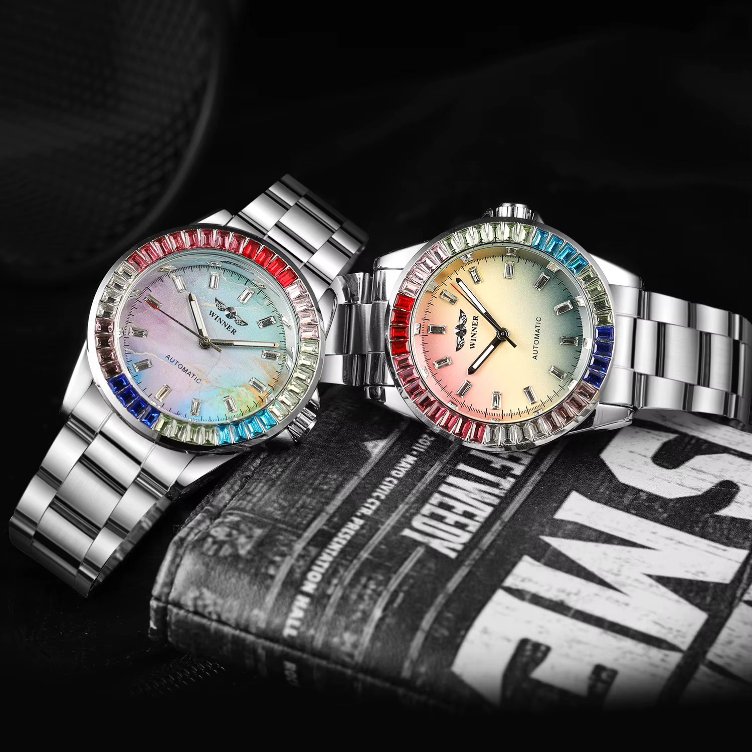 T-WINNER classiques diamants colorés montres mécaniques pour hommes mouvement automatique 3ATM étanche en acier inoxydable haut de gamme de luxe