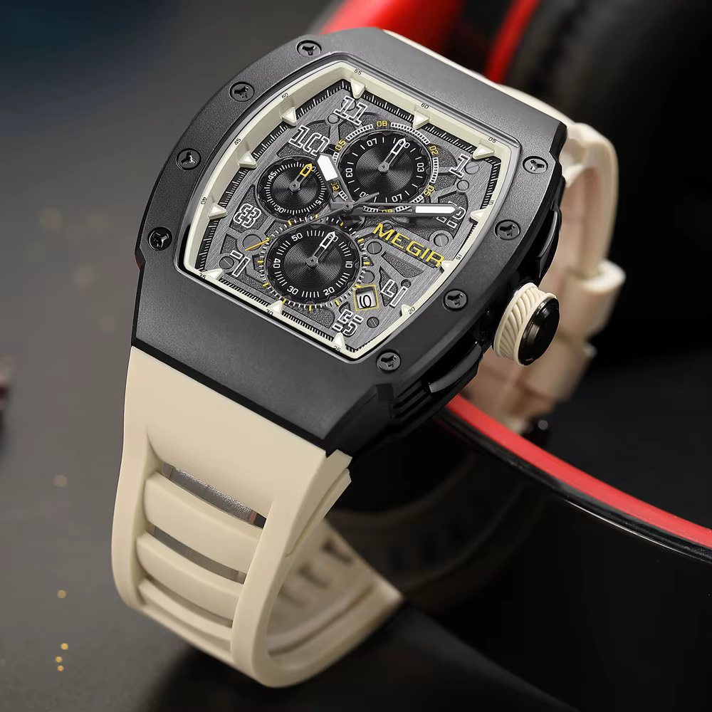 MEGIR chronographe montre à Quartz pour hommes mode étanche lumineux bracelet en Silicone 316 boîte en acier inoxydable mâle montre-bracelet Date