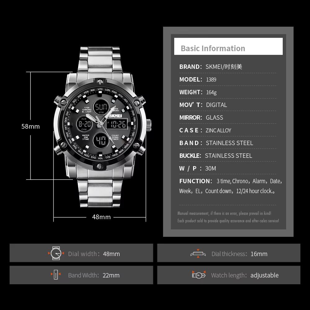 SKMEI 1389 Bracelet montre-Bracelet horloge montre à Quartz numérique hommes trois fois étanche