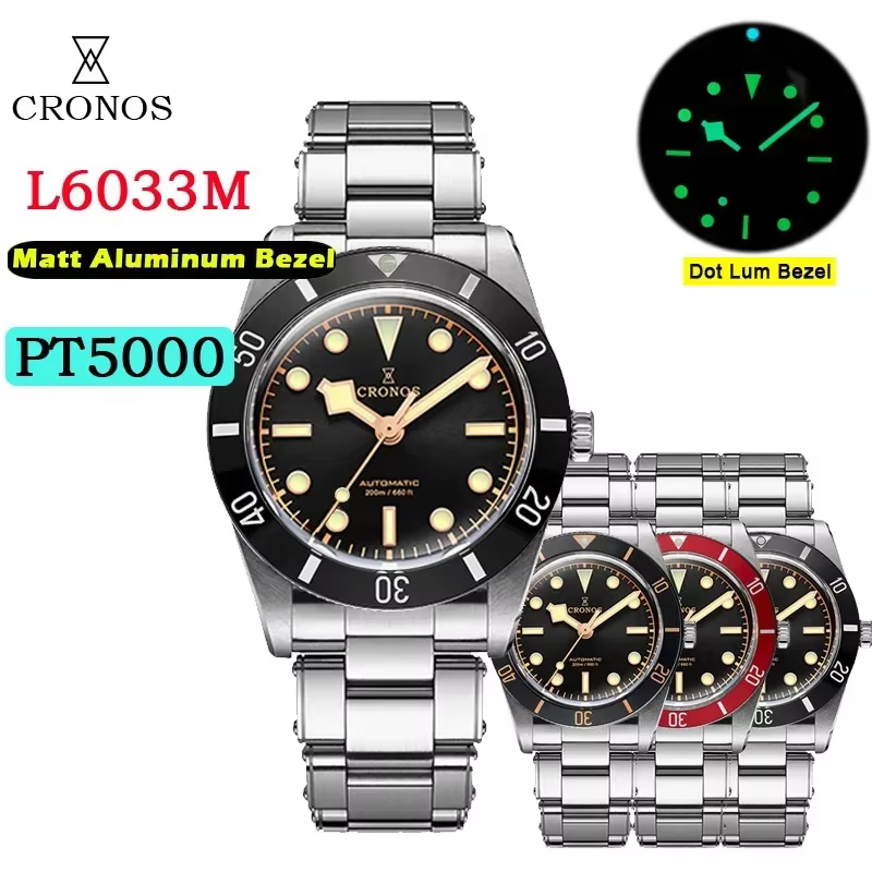 2025 Cronos montres de luxe pour hommes 37mm plongeur BB54 Vintage automatique mat/lunette en aluminium femelle fin liens saphir 20 Bar L6033