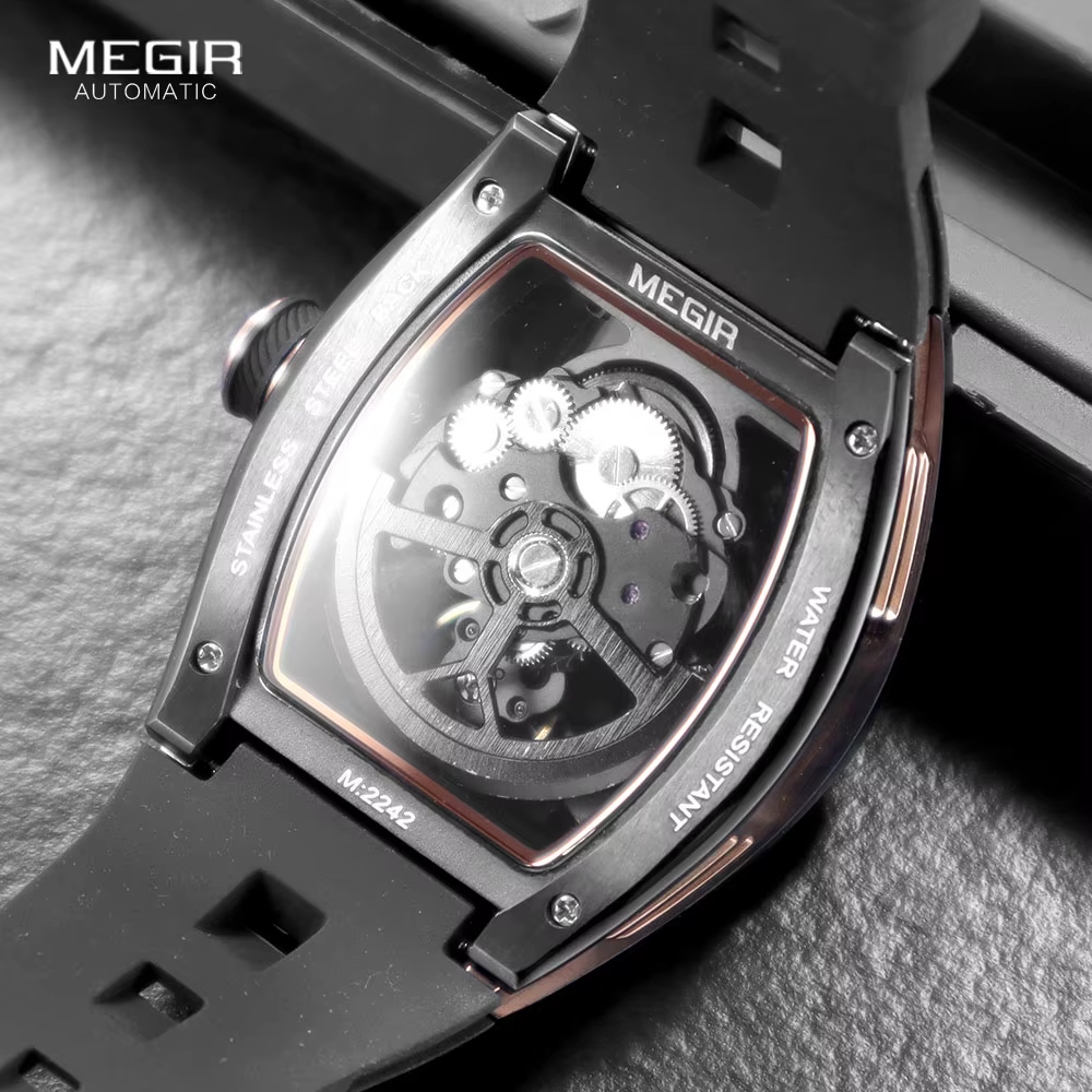 MEGIR 2242 montre automatique bleue pour hommes Sport montre-bracelet mécanique étanche en acier inoxydable avec bracelet en Silicone cadran squelette