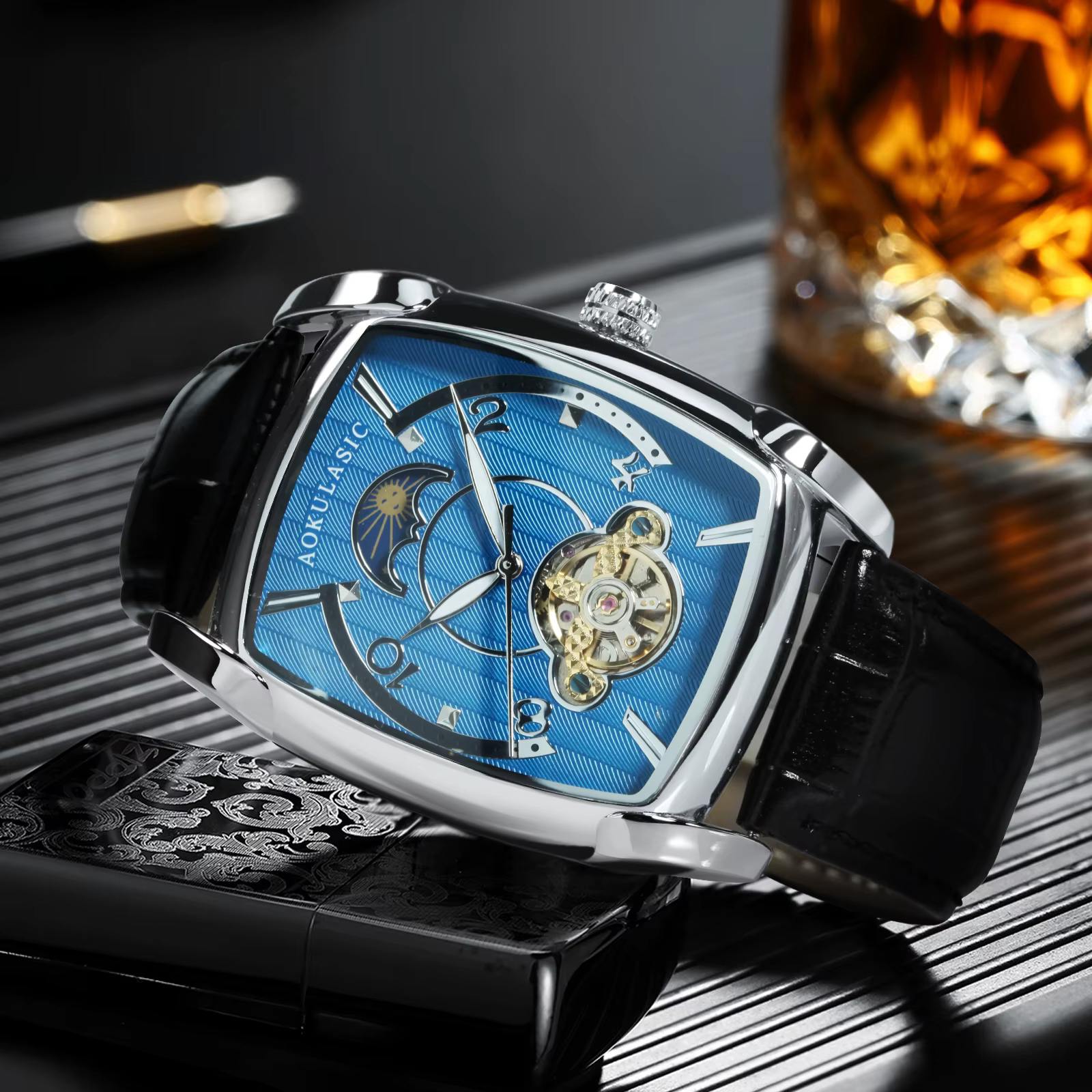 Tonneau Phase de lune montre automatique pour hommes marque de luxe Tourbillon squelette montres mécaniques ceinture en cuir aiguilles lumineuses horloge