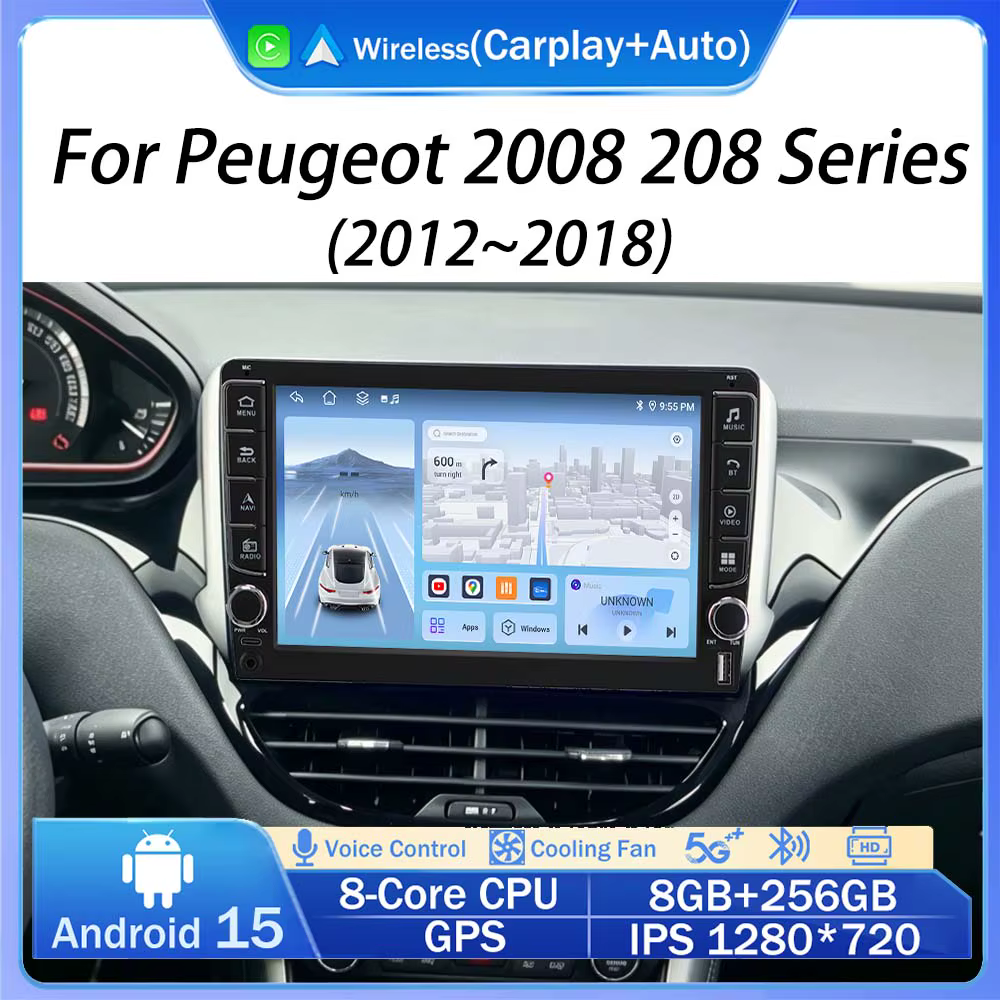 Navigation GPS Android 15 pour Peugeot 2008 208 Série 2012 - 2018, autoradio multimédia Carplay, lecteur vidéo stéréo BT, écran 2k