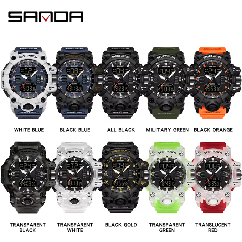 SANDA double affichage hommes montres étanche montre de sport militaire homme alarme chronomètre Quartz montre-bracelet mâle LED horloge numérique 6126