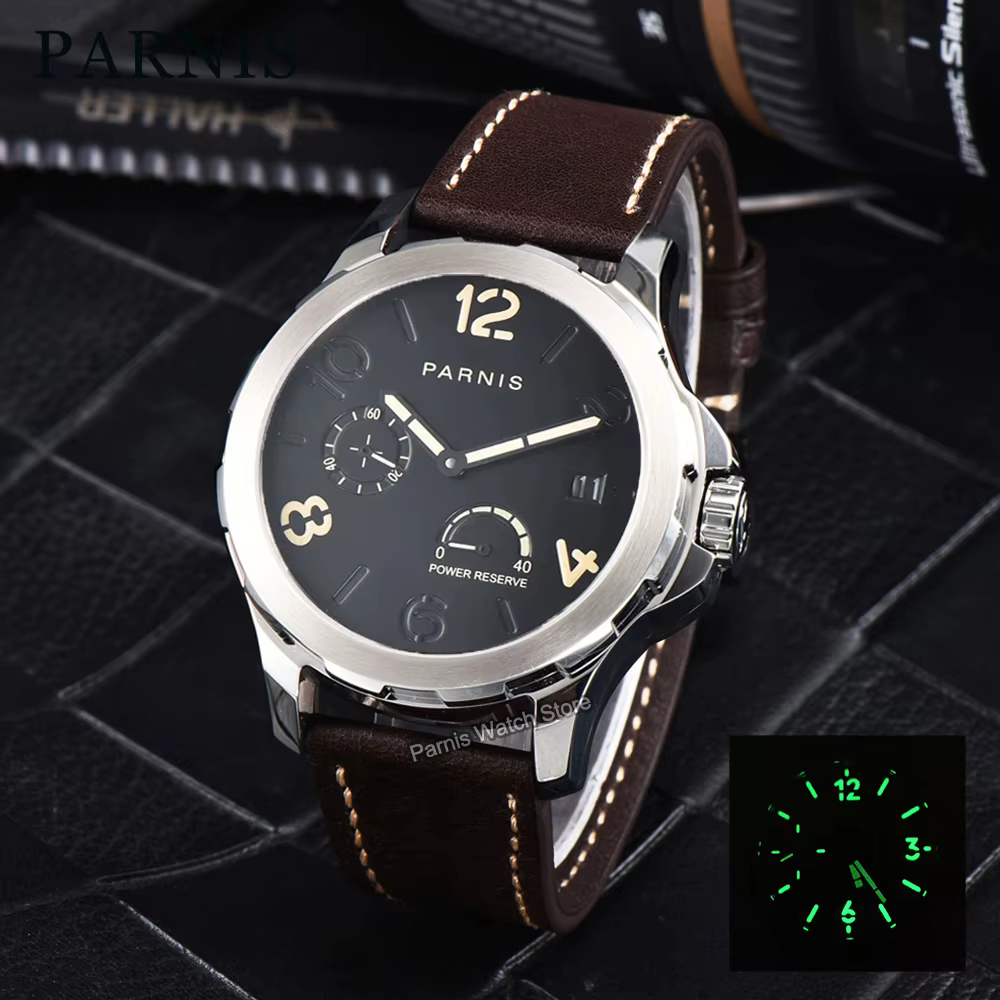 Parnis 44mm boîtier en argent automatique mécanique hommes montre indicateur de réserve de marche marqueur lumineux