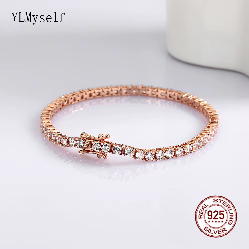 Bracelet tennis plaqué or rose en argent sterling 925 – Pavé Sparkly CZ de 3 mm, réglable 14 à 21 cm, cadeau éternel pour femme