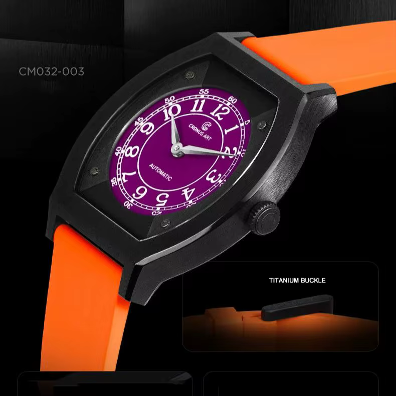 CRONUSART hommes montre automatique 41mm titane Tonneau mécanique montre-bracelet lumineux FKM bracelet en caoutchouc fluoré Micro Rotor