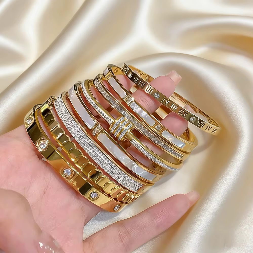 Bracelet jonc de luxe en acier inoxydable plaqué or pour femme, accessoire de mode, cadeau fête des Mères 