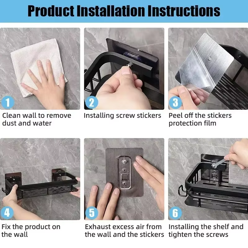 HOShelf-Étagère de douche T1 en alliage d'aluminium, étagère de rangement de cuisine, accessoires sans perceuse