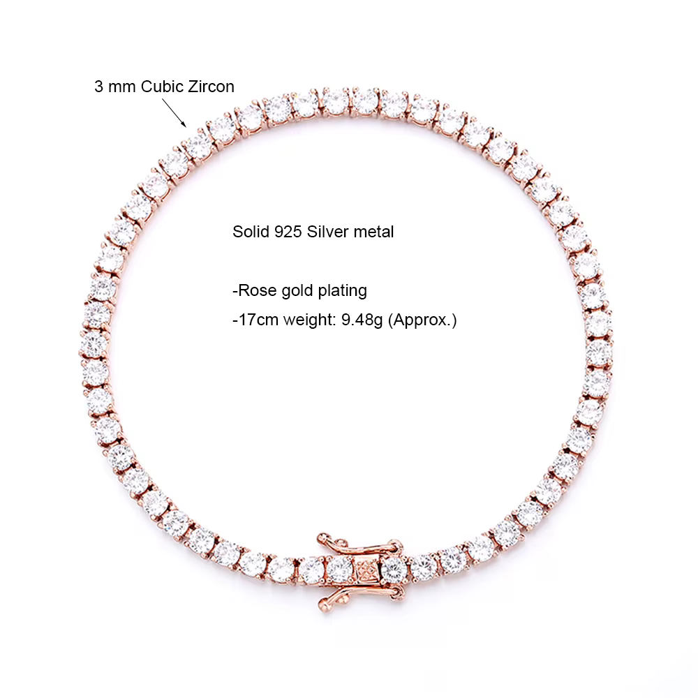 Bracelet tennis plaqué or rose en argent sterling 925 – Pavé Sparkly CZ de 3 mm, réglable 14 à 21 cm, cadeau éternel pour femme