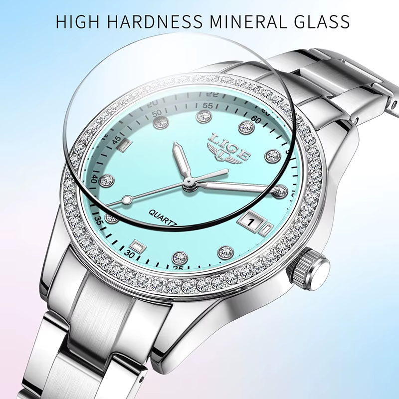 LIGE 2025 montre pour femme de luxe lumineux en acier inoxydable horloge étanche
