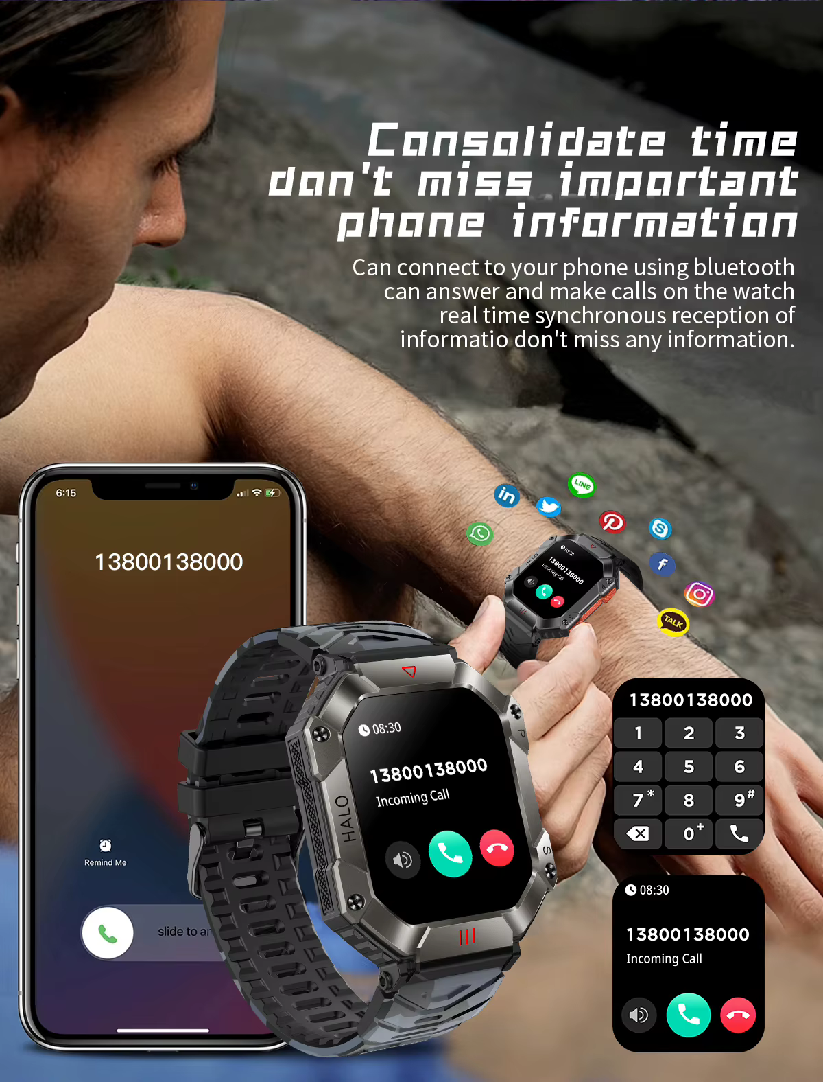 Montre intelligente extérieure cadre métallique militaire appels Bluetooth 2.0 "HD longue durée étanche 100 sport boussole de fréquence cardiaque KR80 HRBO