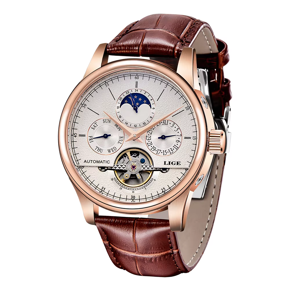 LIGE marque classique hommes rétro montres automatique mécanique montre Tourbillon horloge en cuir véritable étanche militaire montre-bracelet
