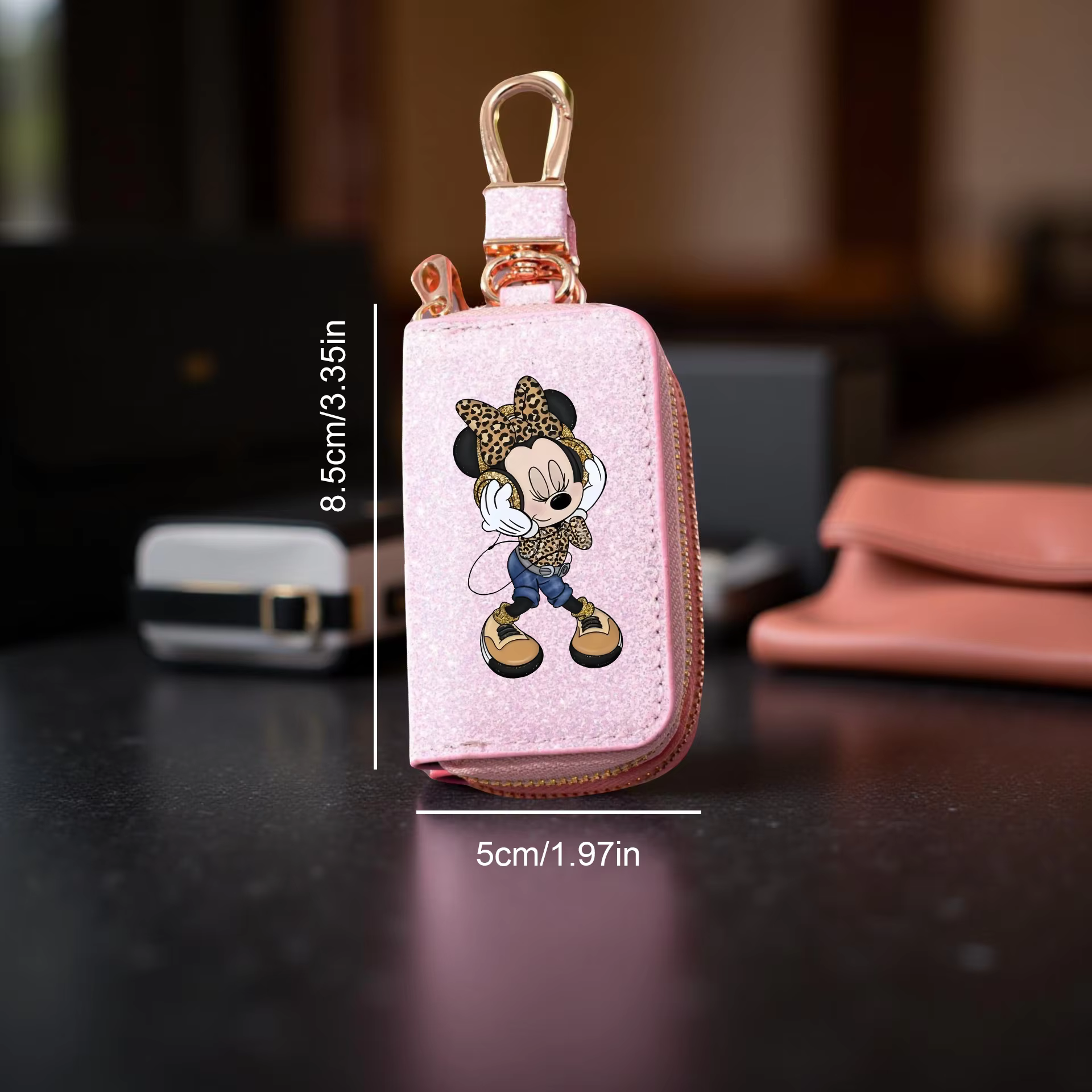 1 sac à clés Minnie-porte-clés synthétique élégant avec fermeture éclair dorée, organisateur de clés de voiture Compact et accessoire de décoration pour la maison