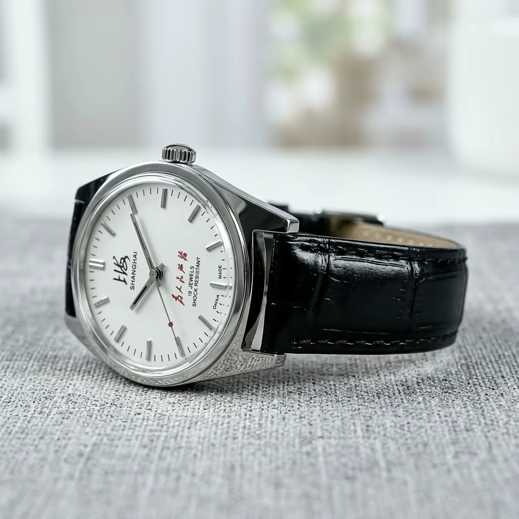 Montre mécanique manuelle vintage SHANGHAI pour homme, 19 rubis, résistante aux chocs, bracelet en cuir, montre-bracelet classique