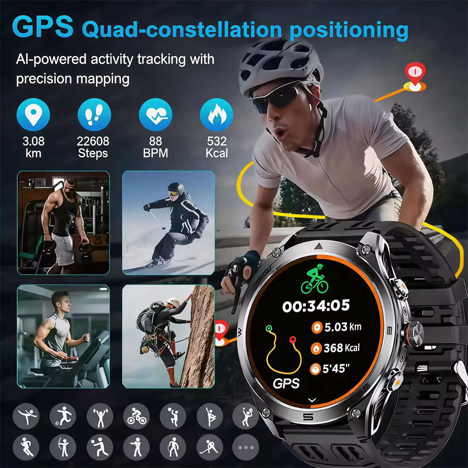 Montre connectée GPS avec carte intégrée de qualité militaire