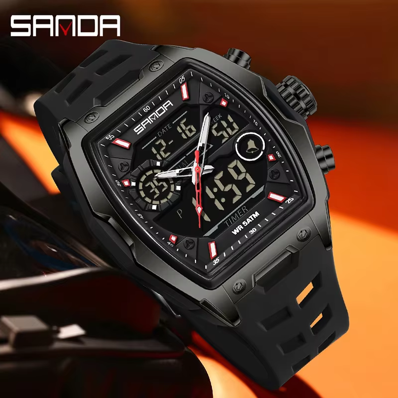 SANDA hommes double affichage montre électronique grand cadran sport LED analogique numérique chronographe militaire homme montre-bracelet relogio masculino