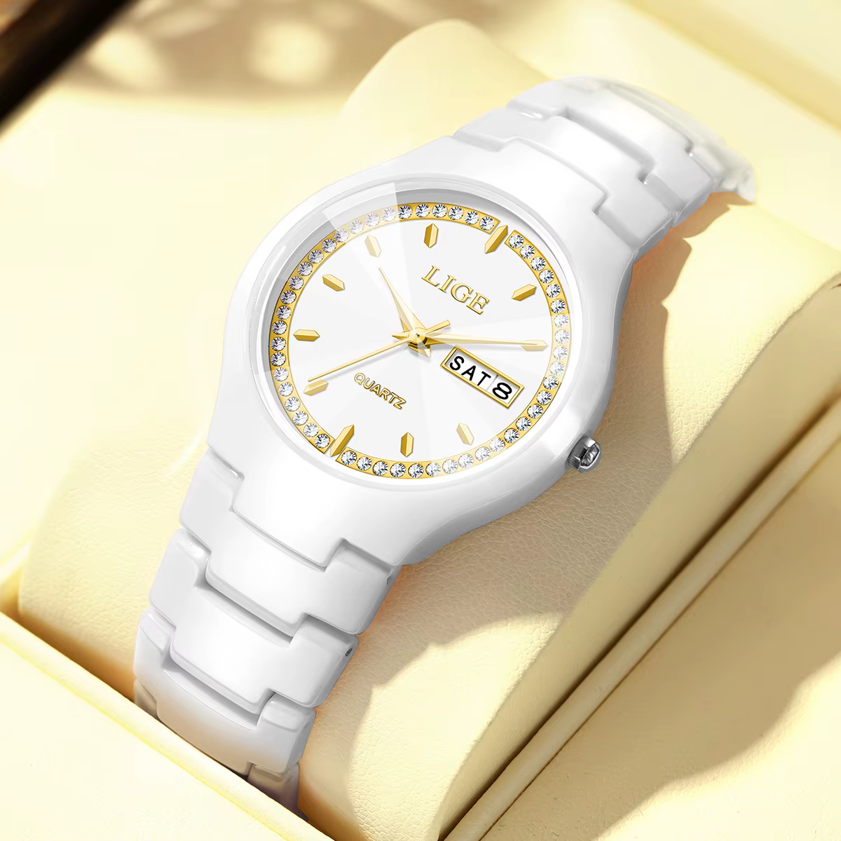 LIGE céramique hommes montres calendrier étanche femmes