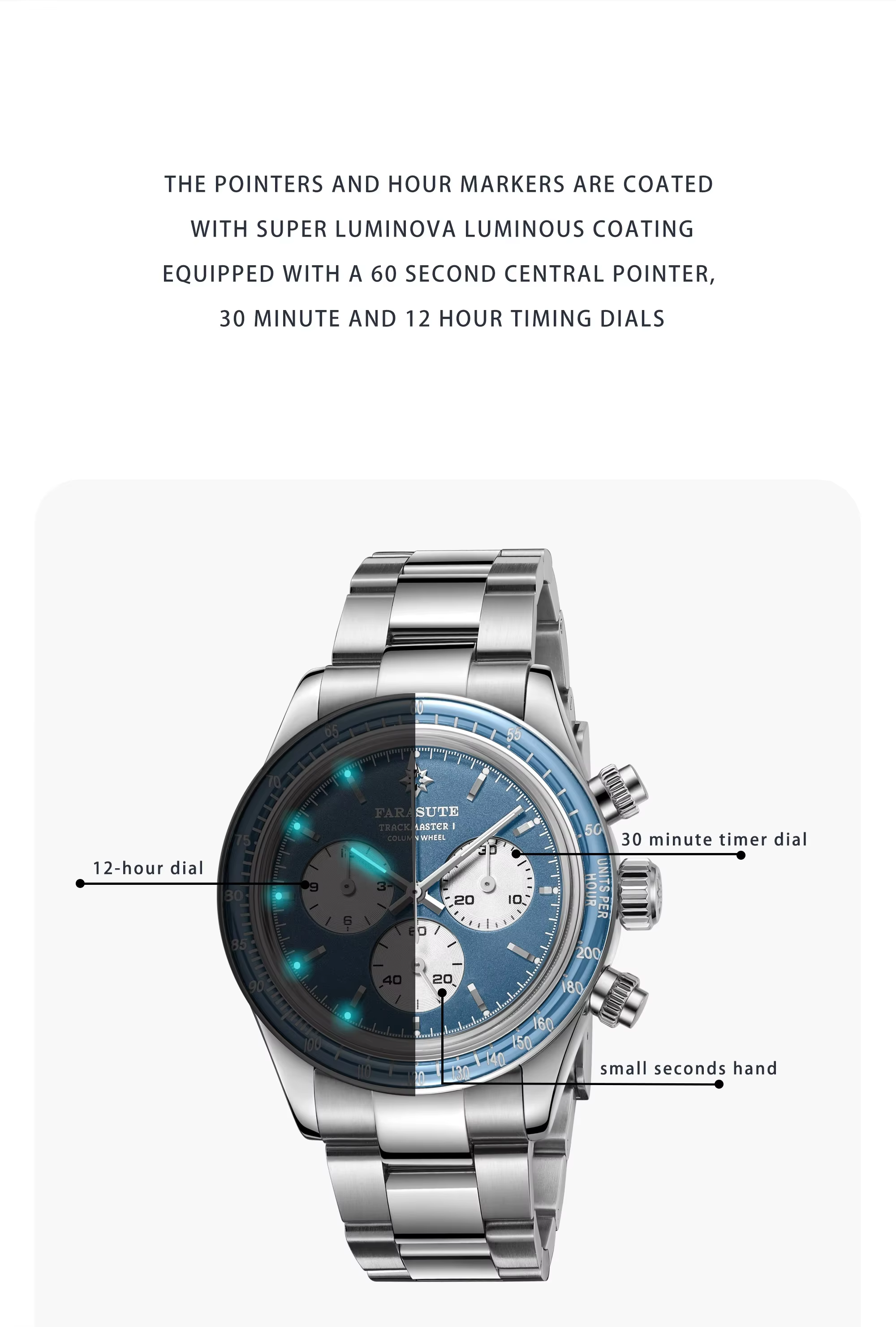 FARASUTE hommes montre automatique chronographe rétro mécanique montre-bracelet saphir 100M étanche