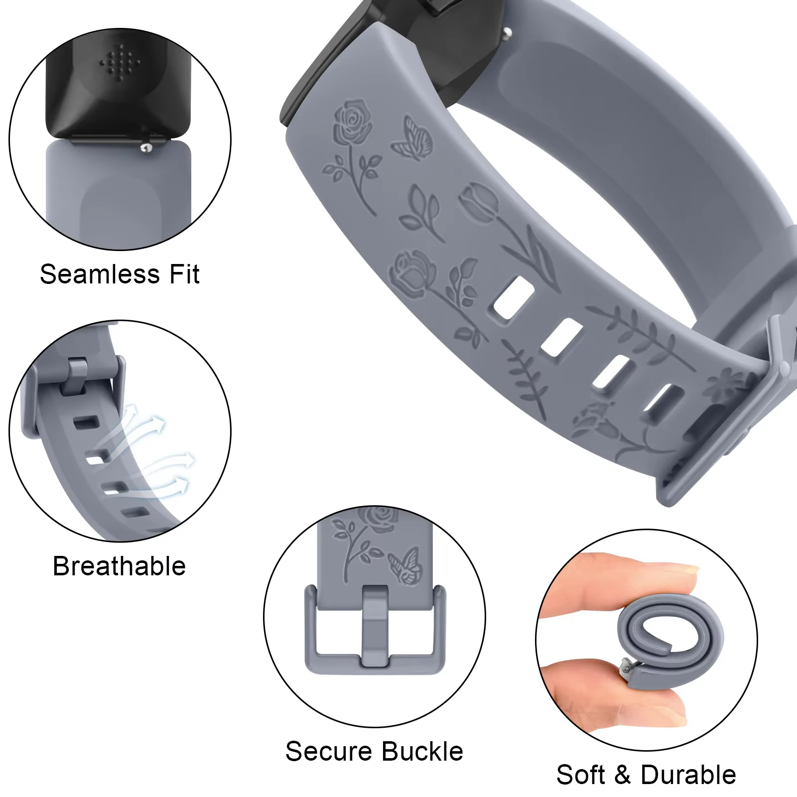 Bracelet de montre en TPU souple gravé à fleurs