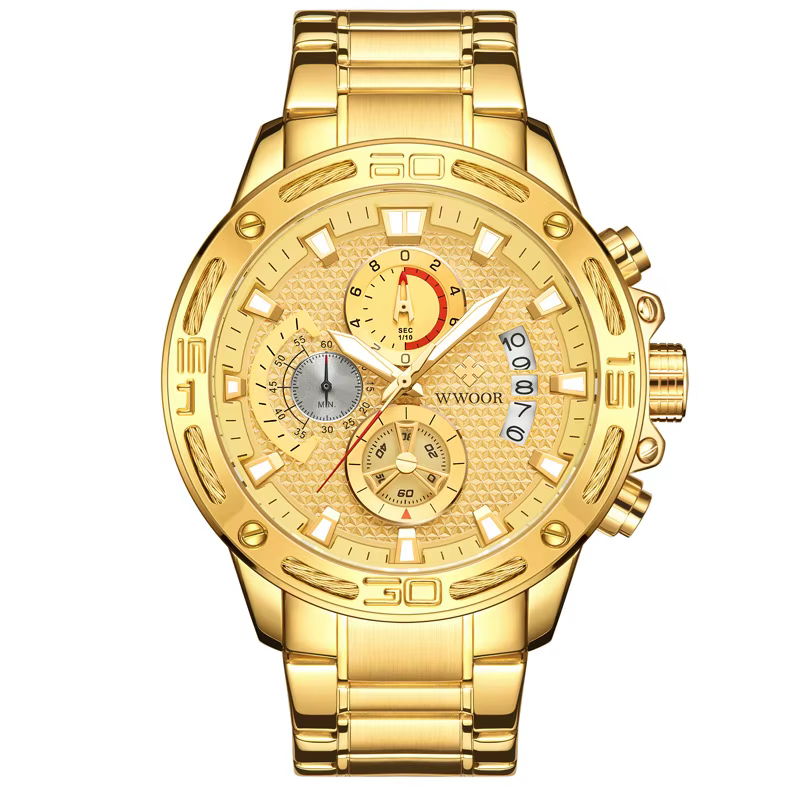 Wwoor-Montre à quartz en acier inoxydable doré pour homme