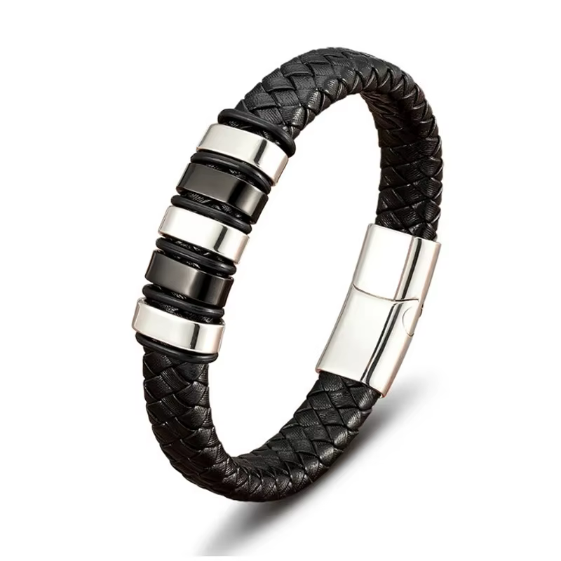 Bracelet pour homme en cuir noir tressé de luxe