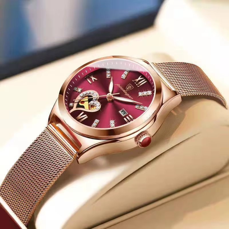 Romantique vin rouge Montre en acier inoxydable conception lumineuse dames horloge décontracté femmes Montre-bracelet