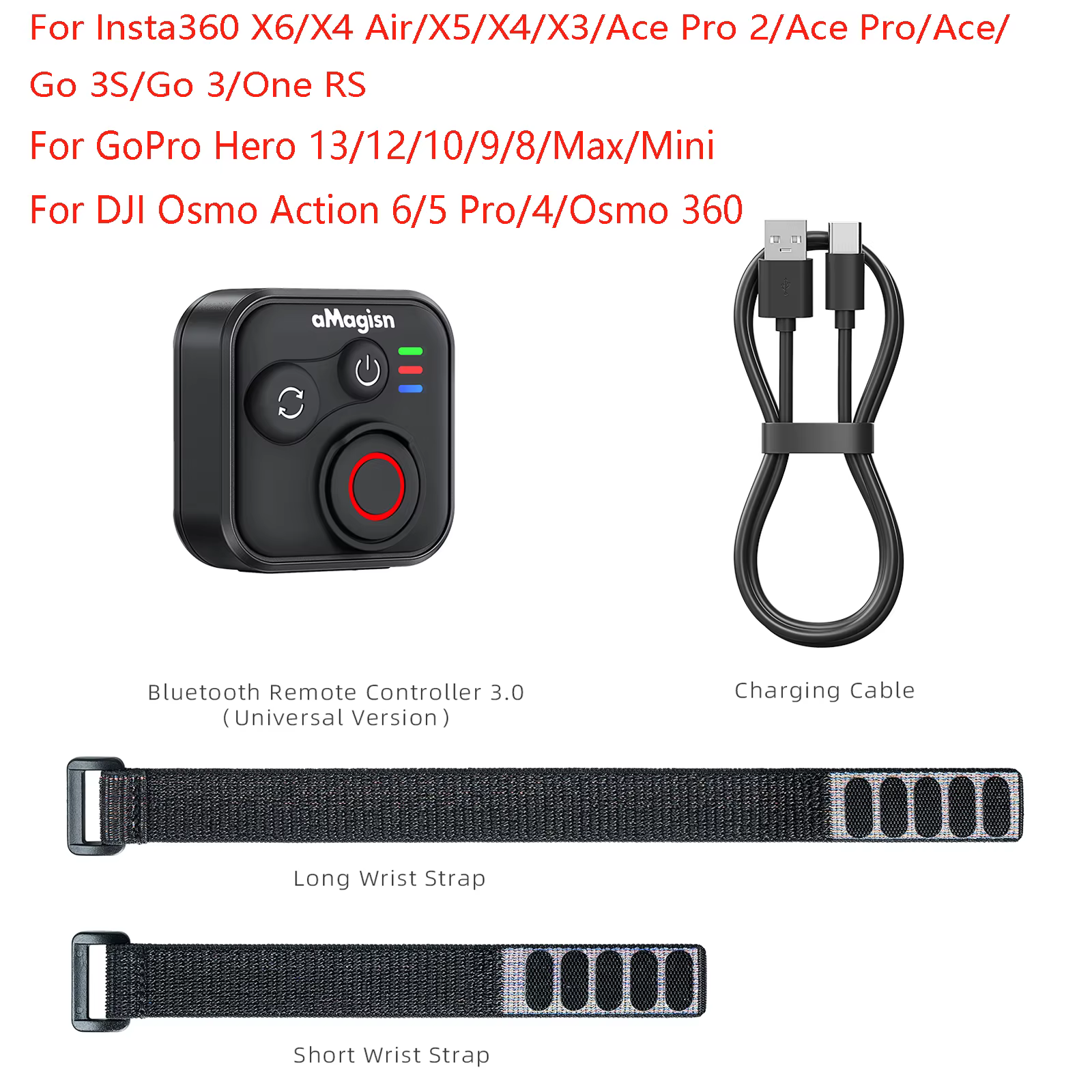 Télécommande sans fil Bluetooth pour Insta360 X6/X5/X4/Ace Pro 2 et GoPro Hero 13/12 avec dragonne – Accessoires pour caméra sport