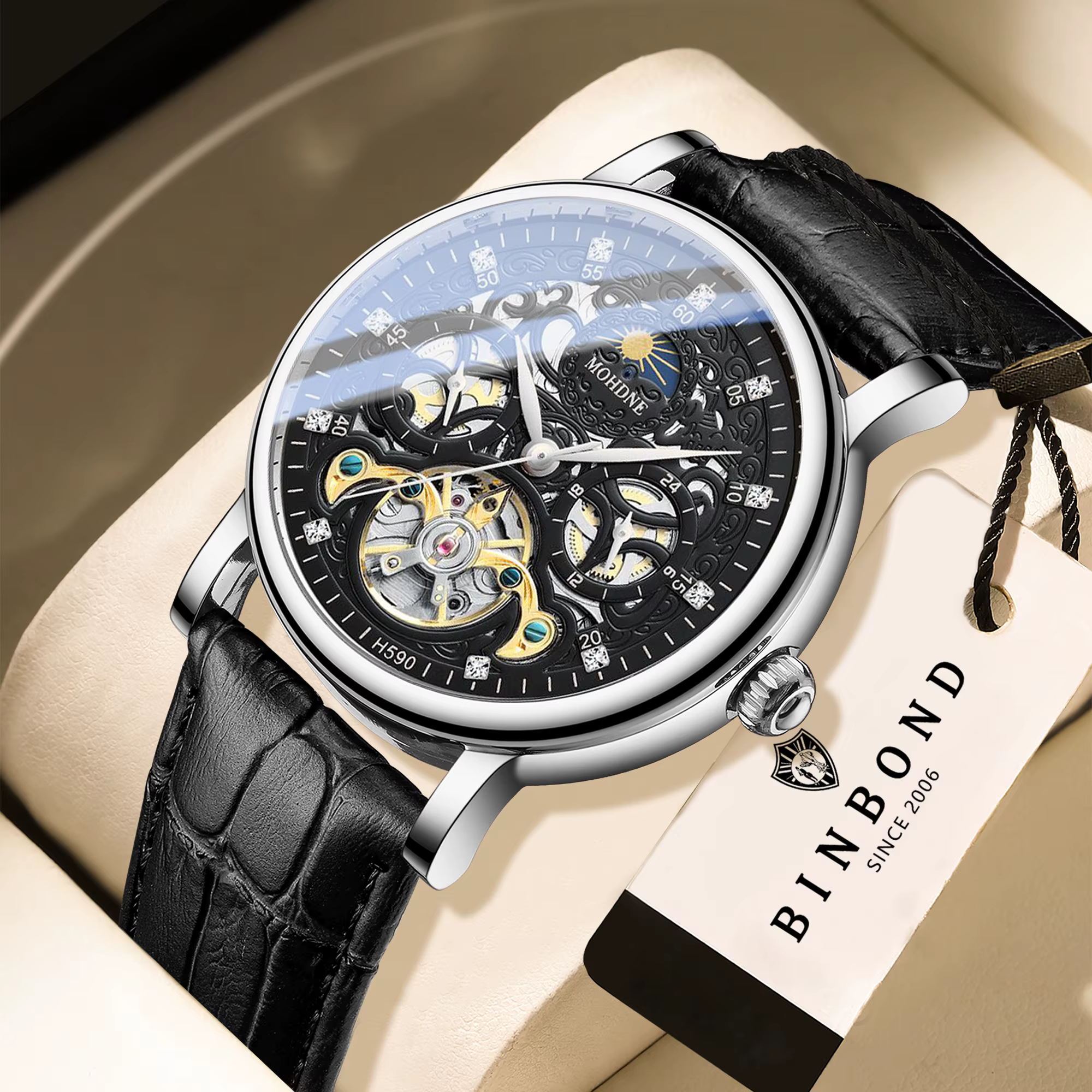 Montres mécaniques de luxe BINBOND pour hommes, squelette lumineux, étanches, automatiques, tourbillon, montre homme décontractée, Reloj
