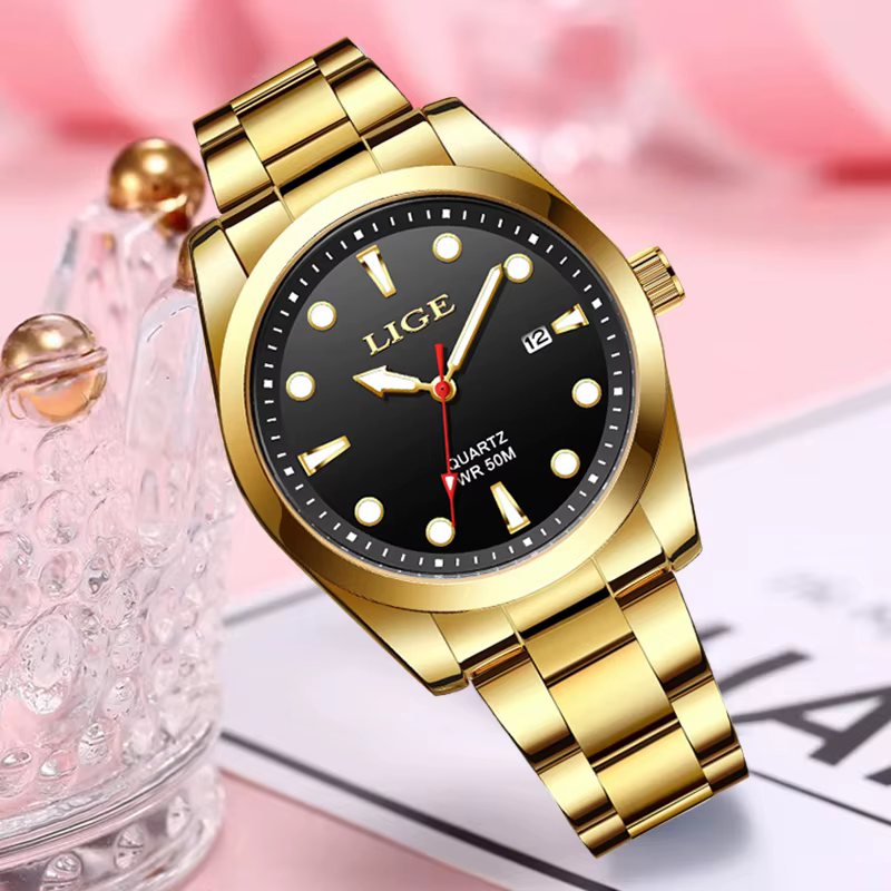 LIGE mode or femmes montres en acier inoxydable étanche montre à Quartz
